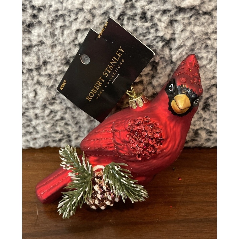 Robert Stanley Cardinal Red Bird Holly Branch Glass Christmas Ornament NEW